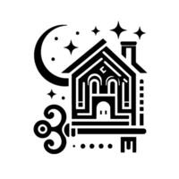 A monochrome illustration of a stylized house with a key, moon, and stars, suggesting a magical nighttime setting and security. vector