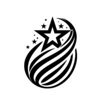 Stylized black and white featuring a central star encompassed by a flowing, curved and smaller stars in a minimalistic composition. vector