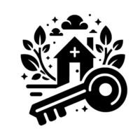 Symbolic Black White Illustration A Home, a Key, Botanical Elements, and Celestial Accents, Conveying concepts of homeownership and security. vector