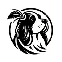 Black and White Stylized Dog Portrait with Feathered Accent within a Circle, Showcasing a Proud and Elegant Aesthetic. vector
