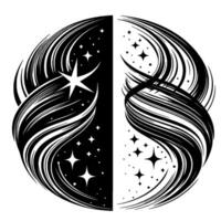 Yin Yang Cosmos A swirling black and white cosmic illustration with flowing lines, stars, and contrasting light and dark elements. vector