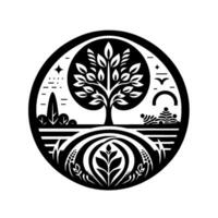 Circular BW Nature Tree, Field, Stars, Moon Leaves, with layered elements. vector