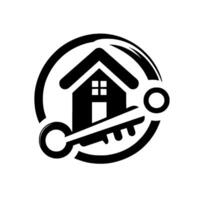 A modern real estate featuring a house with a key passing through a circle, representing property and security. vector