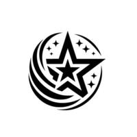 Bold Black and White Emblem A Star within a Star, encased in a stylized circular element with twinkling accents, minimalist aesthetic. vector