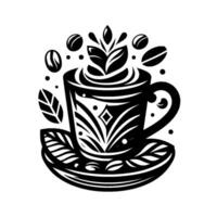 Elegant Monochrome Coffee Cup Illustration with Stylized Leaves, Beans, and Decorative Patterns on Saucer, Representing Coffee Enjoyment. vector