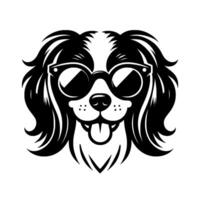 Black and White Cartoon Dog Head Wearing Sunglasses, Smiling and Touting Tongue, Isolated on White Background, Art. vector