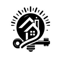 Symbolic Monochrome Depicting a House, Key, and Lightbulb, Emphasizing Ideas and Home Security. vector