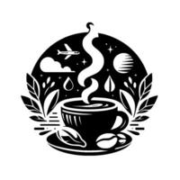 Black and white of a steaming coffee cup with coffee beans, an airplane, clouds, and celestial elements, encased in a stylized circular frame of foliage. vector