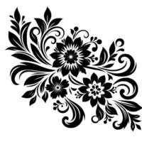 Exquisite Black Floral with Detailed Leaves, Swirls, and Berries on a Pristine White Background, Ideal for Decorative Applications. vector