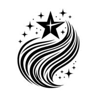 Black and white of a star bursting from stylized, curved, flowing lines with surrounding star elements on a white background. vector