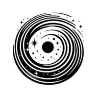 Monochrome spiral galaxy illustration with a central black hole, surrounded by stars and cosmic dust, emanating from the center, . vector