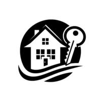 Symbolic Black and White Real Estate House and Key inside Circle, Representing Property Ownership, Home, and Security. vector