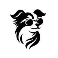 A stylish black and white dog , wearing sunglasses, with a cheerful expression, set against a clean white background. vector