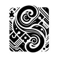 A Bold Black and White of an Abstract Featuring Swirls, Geometric Shapes, and Symbolic Elements within a Rounded Square. vector