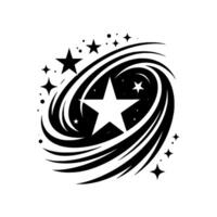 Black and White Starry Swirl A Minimalist Featuring a Central Star Surrounded by Galactic Energy, Sparkles, and Celestial Motifs. vector
