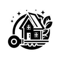 Black and white real estate featuring a stylized house with key, sparkling stars, and natural leaves inside a circular frame. vector