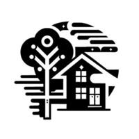 Black and White Geometric Illustration of a Home with a Tree and a Stylized Night Sky within a Circle. vector