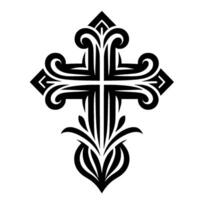 Ornate Black Cross on White Geometric Symmetry, Scrolling Elements, and Floral Base, Creating a Bold Symbolic Aesthetic. vector