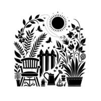 Serene monochrome garden illustration chair by picket fence amidst thriving flora, sun, butterflies, and bird, creating a tranquil space. vector