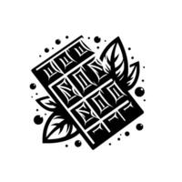Abstract Geometric Chocolate Bar with Leaves and Bubbles in Black and White Art, Sweet and Whimsical . vector