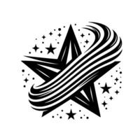 A dynamic, black and white illustration showcasing a fivepointed star adorned with a flowing, striped arc and surrounding smaller stars and dots, on a white background. vector