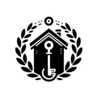 Black White Illustration of a House with Key, Laurel Wreath, Chimney, and Circular Element. vector