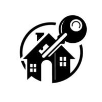 Black and white of a house and a key, symbolizing real estate, homeownership, and property access, set inside of a circular frame with stars. vector