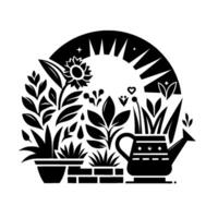 Black and White Garden Scene Sunlit Plants and Watering Can Arranged in a Semicircle with Sun and Heart. vector