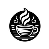 Bold, black and white minimalist coffee featuring a steaming cup within a circular frame, capturing warmth and aroma. vector