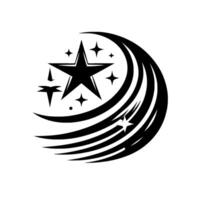 Black and white stylized featuring a central fivepointed star surrounded by orbiting stars and dynamic curved lines, on a white background, symbolizing motion and aspiration. vector