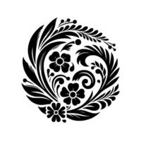Intricate Black Floral and Foliage Arrangement in Circular on White Background. vector
