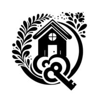 Stylized monochrome of a house with a key, enclosed by a floral circular wreath, representing home, security, and property. vector
