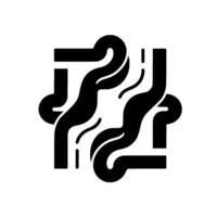 Abstract Geometric Composition with Intertwined Black Lines, Smoky Gray Streams, and Minimalist Square Frame on White Background. vector