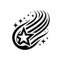 A stylized black and white illustration of a shooting star with a central white fivepointed star, surrounded by comet trail strokes and small stars, on a plain white background. vector
