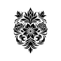 Ornate Black and White Floral Crest on White Background with Detailed Petal and Leaf Patterns. vector