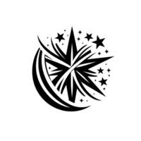 A stylized black and white starburst with radiating lines and surrounding stars, creating a sense of movement and energy on a white background. vector
