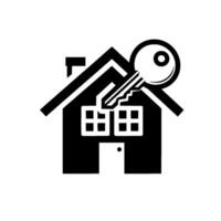 Symbolic Black and White A House with Windows, Door, Chimney, and an Oversized Key, Representing Property Ownership and Real Estate. vector