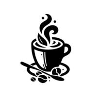 A stylized monochrome coffee cup featuring steam, a saucer, spoon, beans, and a leaf. vector