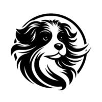 A stylized black and white illustration of a Border Collie dog head inside a circular frame, conveying a friendly and approachable charm. vector