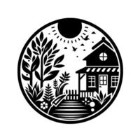 Monochromatic circular illustration of a cozy house with garden, sun, and birds, capturing a tranquil, serene atmosphere. vector