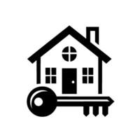 A minimalistic black and white house with a key, symbolizing real estate, property, and home ownership on a gradient background. vector