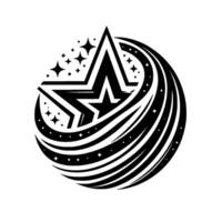 A dynamic black and white featuring a nested star within a stylized cosmic swirl, with accenting celestial sparkles. vector