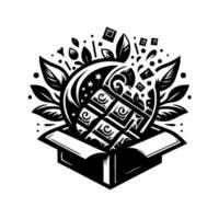 Stylized Black and White Illustration A Celestial Orb with Chocolate Bar Emerging from a Box, Surrounded by Foliage and Decorative Elements. vector