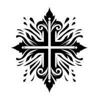 Ornate Black Cross A symmetrical, decorative representation featuring intricate leaflike patterns, swirls, and teardrop elements radiating from the central cross. vector