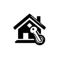 Black and white home with a key overlay, symbolizing real estate and property access, set against a clean white backdrop. vector