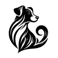 Stylized Black and White Dog Silhouette with Striped Body and Swirled Tail, Minimalist on White Background vector