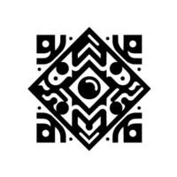 Symmetrical Black and White Geometric Pattern featuring abstract shapes, circles, and lines forming a central orblike element in a square composition. vector