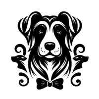 Elegant Black and White Dog Portrait with Scrollwork Border and Bowtie, Decorative Border . vector