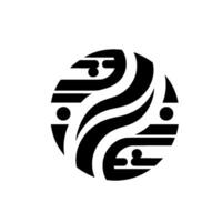 Minimalist Black and White Circular Emblem Featuring Intertwined Wavelike Shapes, Dots, and Horizontal Bars in a Clean Aesthetic. vector