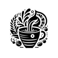 Artistic blackandwhite illustration of coffee being poured into a striped cup, surrounded by stylized decorative elements. vector